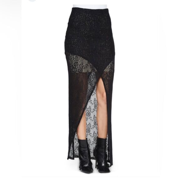 NEW Alice + Olivia Rhett Cutaway Lace Maxi Skirt Black L